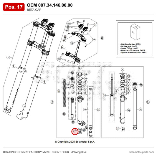 BETA CAP_2 – OEM 007.34.146.00.00, position 17 on the Beta SINCRO 125 2T FACTORY MY26 front fork drawing