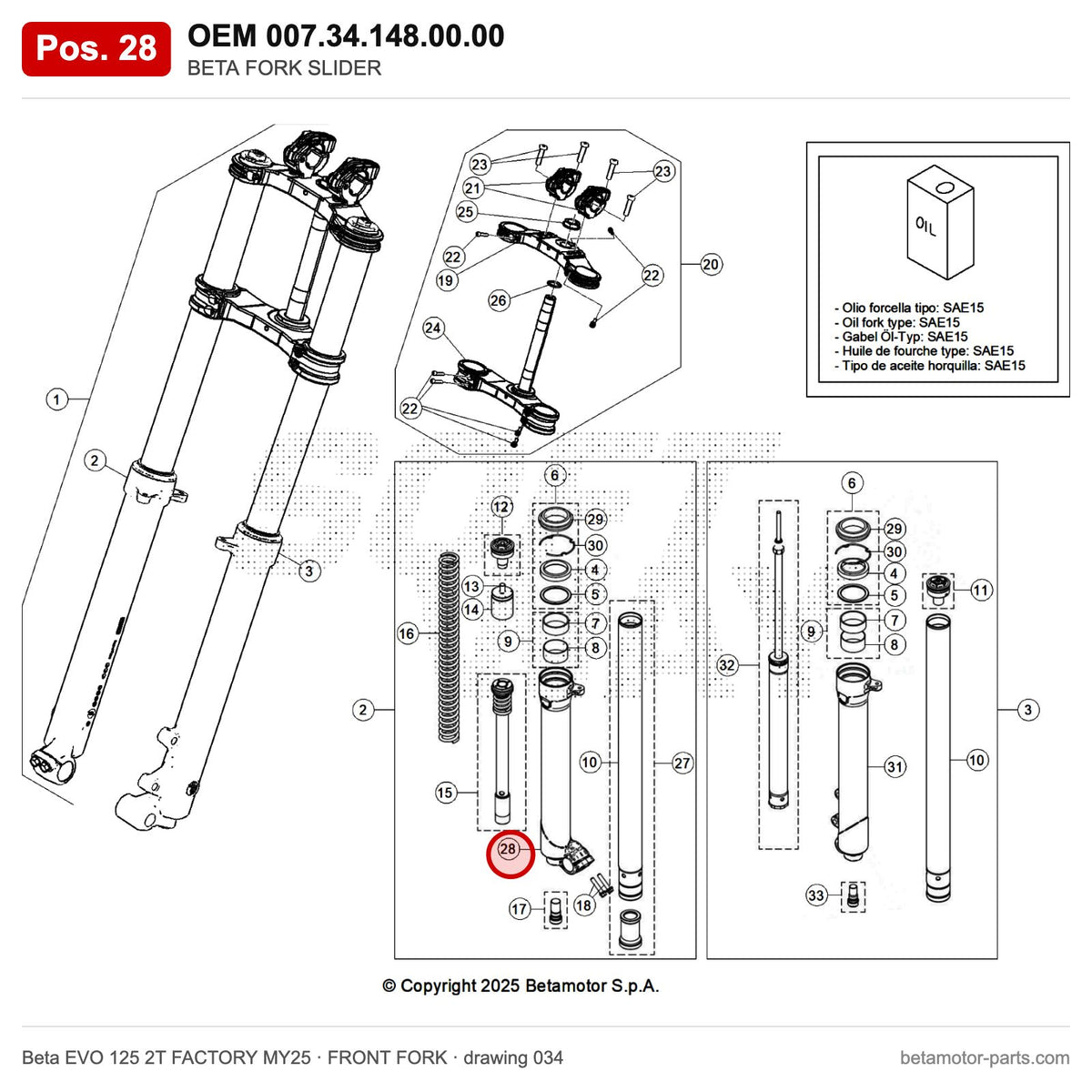 BETA FORK SLIDER – OEM 007.34.148.00.00, position 28 on the Beta EVO 125 2T FACTORY MY25 front fork drawing