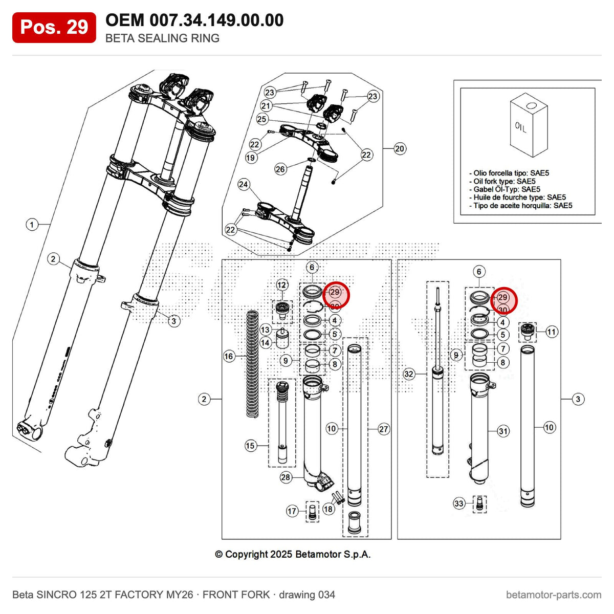 BETA SEALING RING_1 – OEM 007.34.149.00.00, position 29 on the Beta SINCRO 125 2T FACTORY MY26 front fork drawing