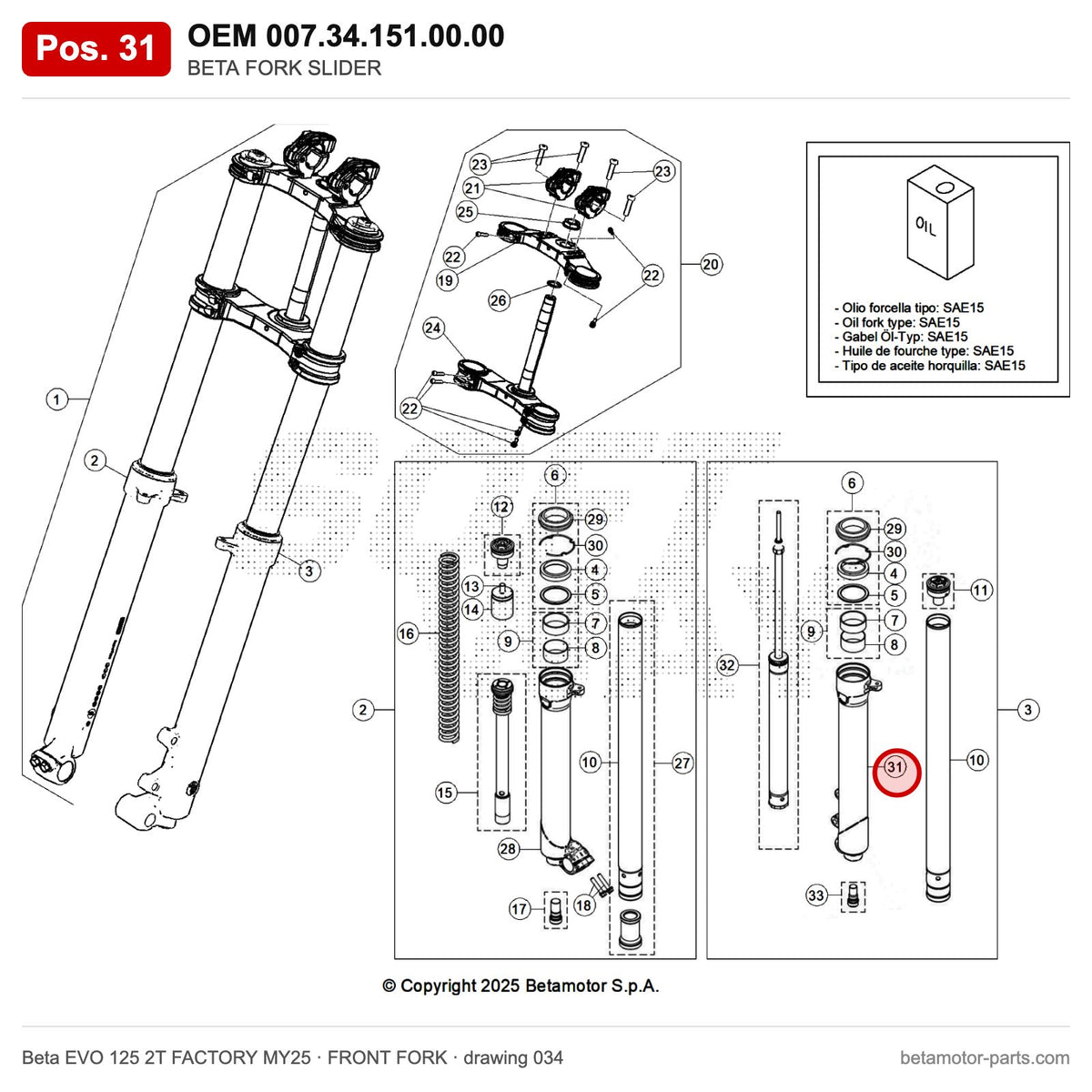 BETA FORK SLIDER_1 – OEM 007.34.151.00.00, position 31 on the Beta EVO 125 2T FACTORY MY25 front fork drawing