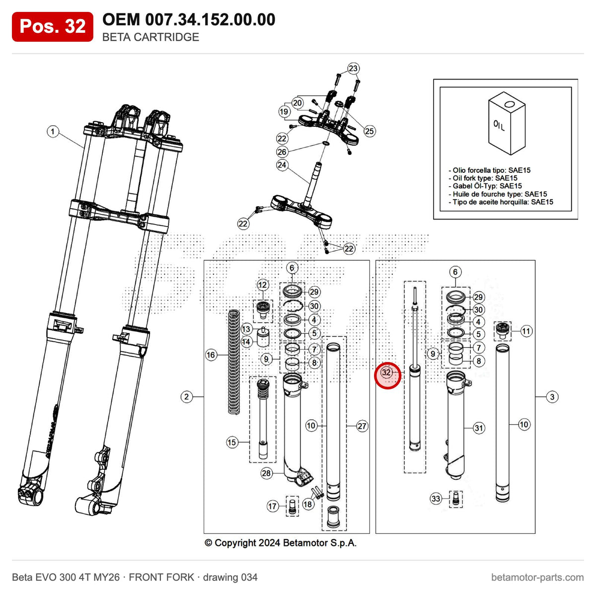 BETA CARTRIDGE_2 – OEM 007.34.152.00.00, position 32 on the Beta EVO 300 4T MY26 front fork drawing