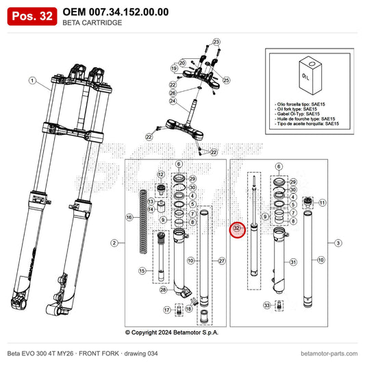 BETA CARTRIDGE_2 – OEM 007.34.152.00.00, position 32 on the Beta EVO 300 4T MY26 front fork drawing