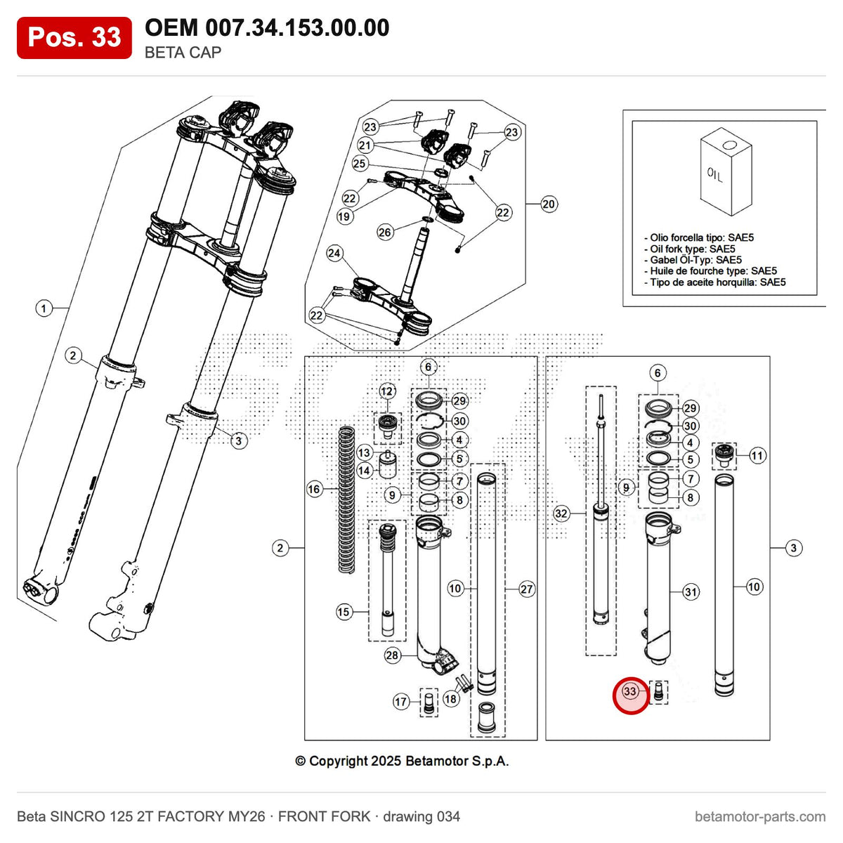 BETA CAP_3 – OEM 007.34.153.00.00, position 33 on the Beta SINCRO 125 2T FACTORY MY26 front fork drawing