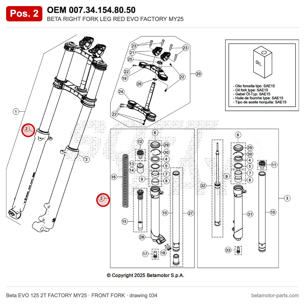 BETA RIGHT FORK LEG RED EVO FACTORY MY25 – OEM 007.34.154.80.50, position 2 on the Beta EVO 125 2T FACTORY MY25 front fork drawing