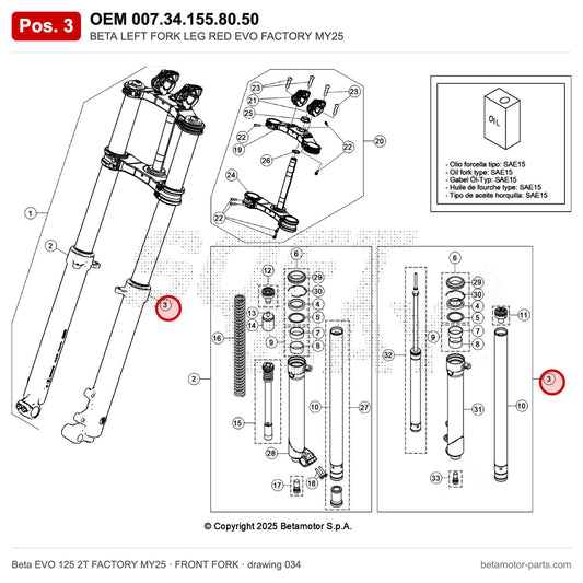 BETA LEFT FORK LEG RED EVO FACTORY MY25 – OEM 007.34.155.80.50, position 3 on the Beta EVO 125 2T FACTORY MY25 front fork drawing