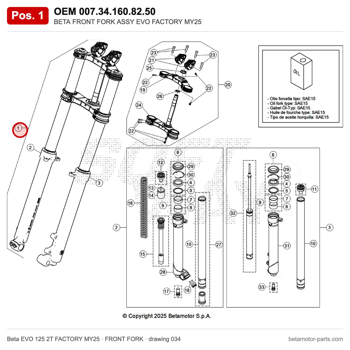 BETA FRONT FORK ASSY EVO FACTORY MY25 – OEM 007.34.160.82.50, position 1 on the Beta EVO 125 2T FACTORY MY25 front fork drawing
