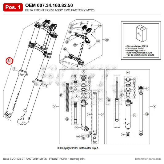 BETA FRONT FORK ASSY EVO FACTORY MY25 – OEM 007.34.160.82.50, position 1 on the Beta EVO 125 2T FACTORY MY25 front fork drawing