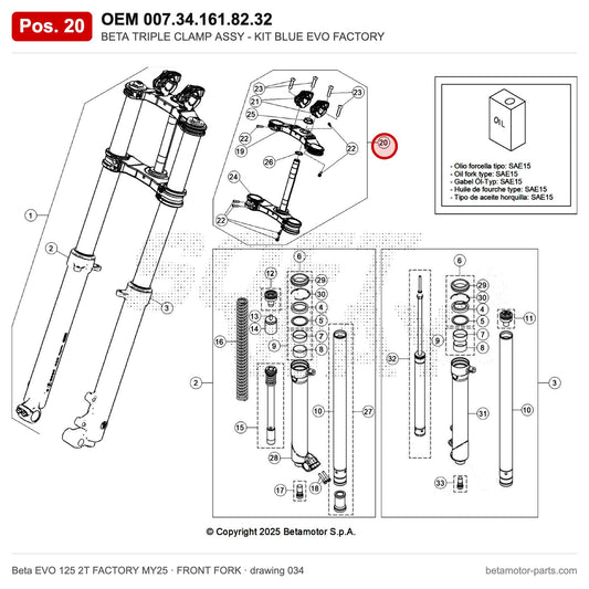 BETA TRIPLE CLAMP ASSY - KIT BLUE EVO FACTORY – OEM 007.34.161.82.32, position 20 on the Beta EVO 125 2T FACTORY MY25 front fork drawing