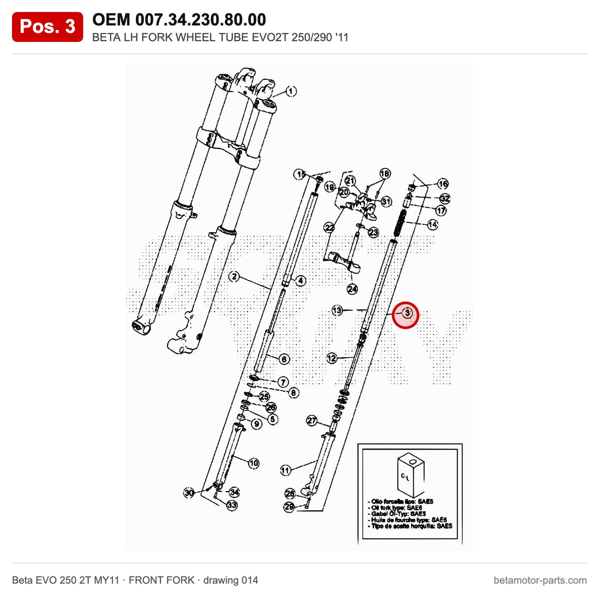BETA LH FORK WHEEL TUBE EVO2T 250/290 '11 – OEM 007.34.230.80.00, position 3 on the Beta EVO 250 2T MY11 front fork drawing