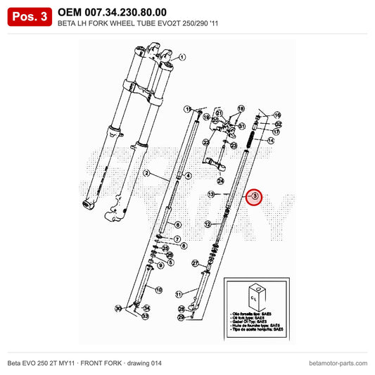 BETA LH FORK WHEEL TUBE EVO2T 250/290 '11 – OEM 007.34.230.80.00, position 3 on the Beta EVO 250 2T MY11 front fork drawing