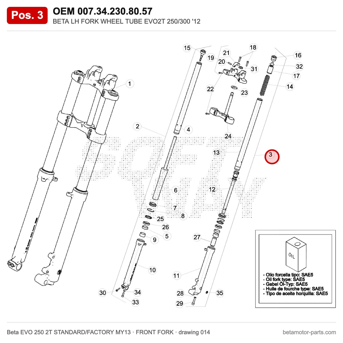 BETA LH FORK WHEEL TUBE EVO2T 250/300 '12 – OEM 007.34.230.80.57, position 3 on the Beta EVO 250 2T STANDARD/FACTORY MY13 front fork drawing