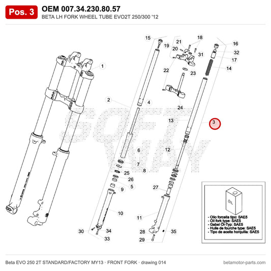 BETA LH FORK WHEEL TUBE EVO2T 250/300 '12 – OEM 007.34.230.80.57, position 3 on the Beta EVO 250 2T STANDARD/FACTORY MY13 front fork drawing