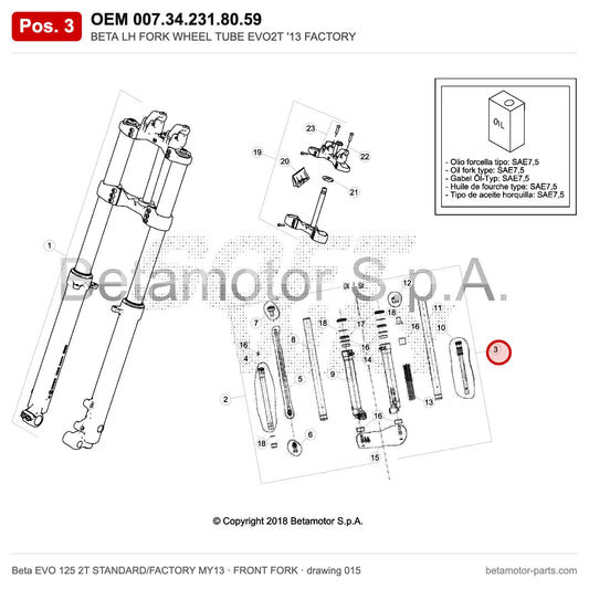BETA LH FORK WHEEL TUBE EVO2T '13 FACTORY – OEM 007.34.231.80.59, position 3 on the Beta EVO 125 2T STANDARD/FACTORY MY13 front fork drawing