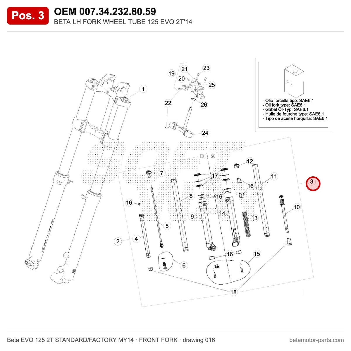 BETA LH FORK WHEEL TUBE 125 EVO 2T'14 – OEM 007.34.232.80.59, position 3 on the Beta EVO 125 2T STANDARD/FACTORY MY14 front fork drawing