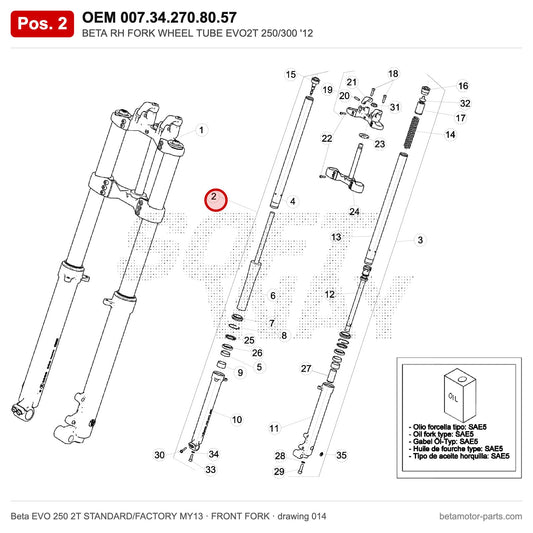 BETA RH FORK WHEEL TUBE EVO2T 250/300 '12 – OEM 007.34.270.80.57, position 2 on the Beta EVO 250 2T STANDARD/FACTORY MY13 front fork drawing