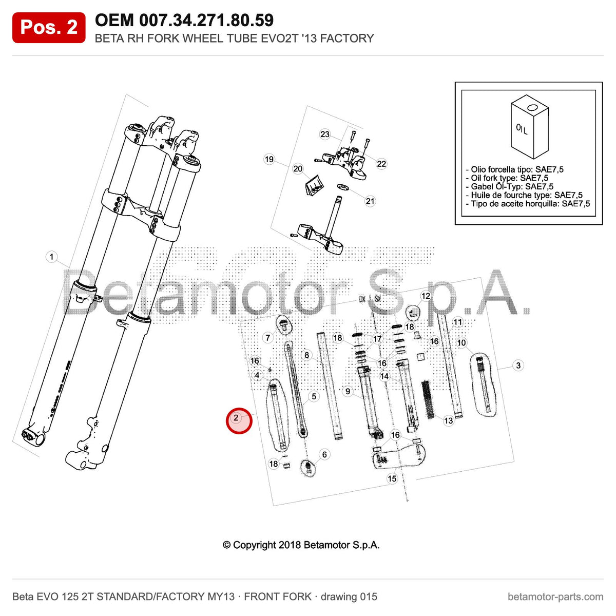BETA RH FORK WHEEL TUBE EVO2T '13 FACTORY – OEM 007.34.271.80.59, position 2 on the Beta EVO 125 2T STANDARD/FACTORY MY13 front fork drawing