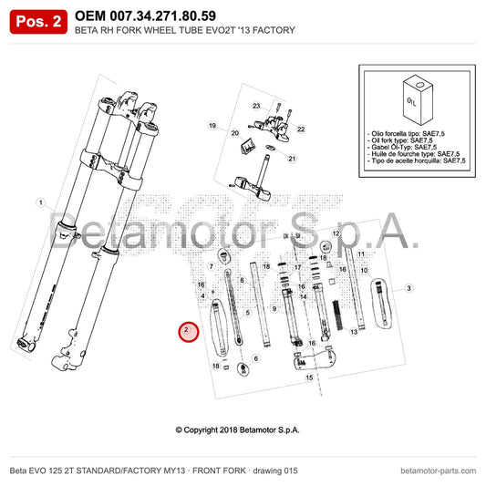 BETA RH FORK WHEEL TUBE EVO2T '13 FACTORY – OEM 007.34.271.80.59, position 2 on the Beta EVO 125 2T STANDARD/FACTORY MY13 front fork drawing