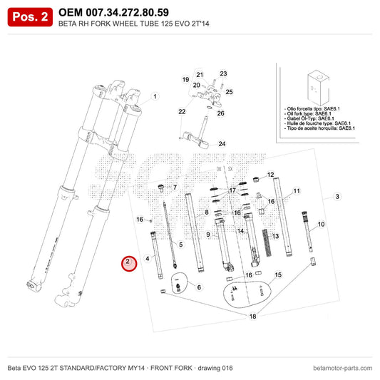 BETA RH FORK WHEEL TUBE 125 EVO 2T'14 – OEM 007.34.272.80.59, position 2 on the Beta EVO 125 2T STANDARD/FACTORY MY14 front fork drawing