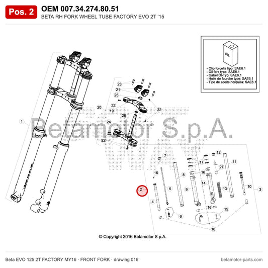 BETA RH FORK WHEEL TUBE FACTORY EVO 2T '15 – OEM 007.34.274.80.51, position 2 on the Beta EVO 125 2T FACTORY MY16 front fork drawing