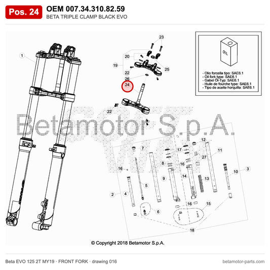 BETA TRIPLE CLAMP BLACK EVO – OEM 007.34.310.82.59, position 24 on the Beta EVO 125 2T MY19 front fork drawing