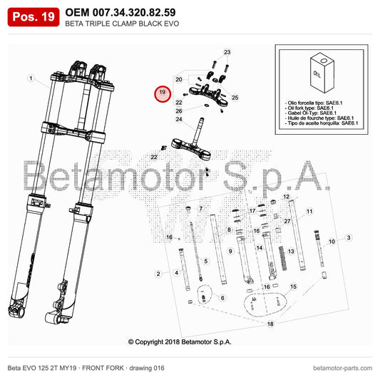 BETA TRIPLE CLAMP BLACK EVO – OEM 007.34.320.82.59, position 19 on the Beta EVO 125 2T MY19 front fork drawing