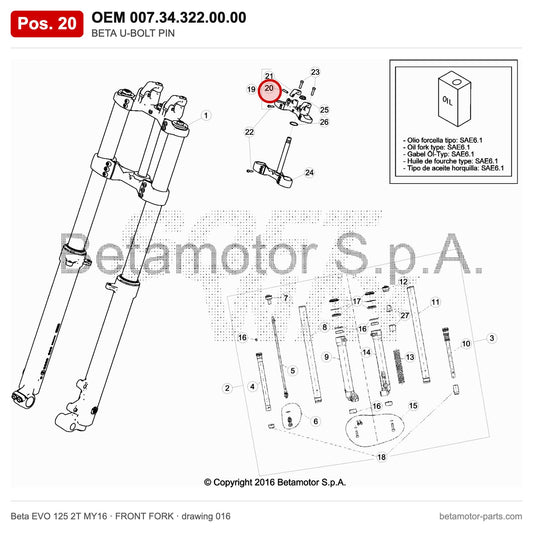 BETA U-BOLT PIN – OEM 007.34.322.00.00, position 20 on the Beta EVO 125 2T MY16 front fork drawing