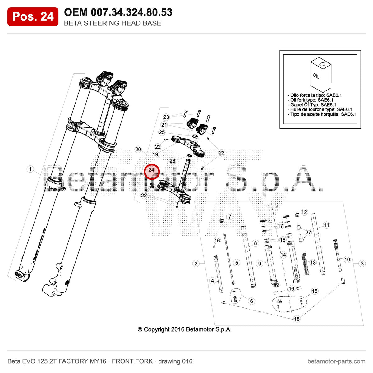 BETA STEERING HEAD BASE – OEM 007.34.324.80.53, position 24 on the Beta EVO 125 2T FACTORY MY16 front fork drawing
