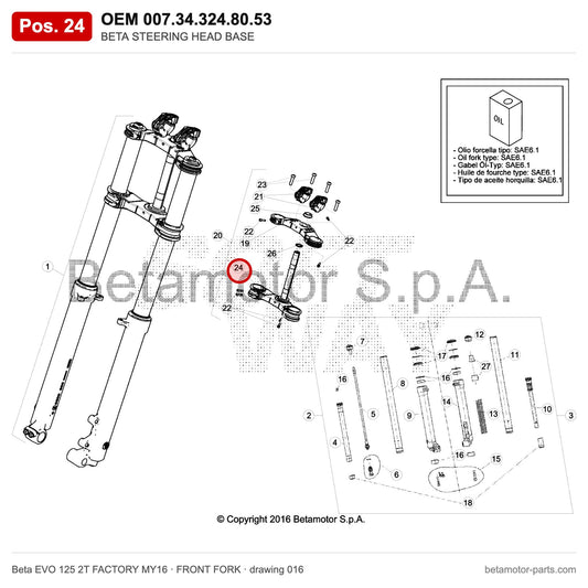 BETA STEERING HEAD BASE – OEM 007.34.324.80.53, position 24 on the Beta EVO 125 2T FACTORY MY16 front fork drawing