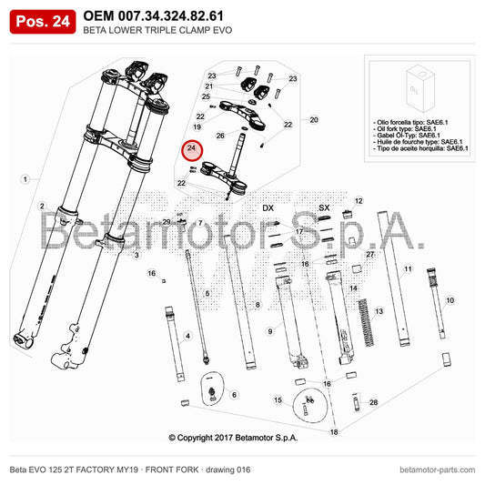 BETA LOWER TRIPLE CLAMP EVO – OEM 007.34.324.82.61, position 24 on the Beta EVO 125 2T FACTORY MY19 front fork drawing