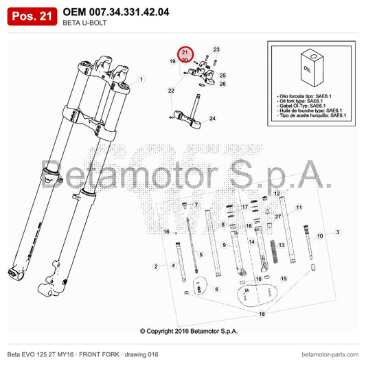 BETA U-BOLT – OEM 007.34.331.42.04, position 21 on the Beta EVO 125 2T MY16 front fork drawing