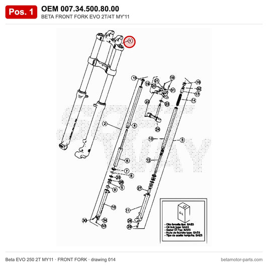 BETA FRONT FORK EVO 2T/4T MY'11 – OEM 007.34.500.80.00, position 1 on the Beta EVO 250 2T MY11 front fork drawing
