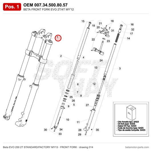 BETA FRONT FORK EVO 2T/4T MY'12 – OEM 007.34.500.80.57, position 1 on the Beta EVO 250 2T STANDARD/FACTORY MY13 front fork drawing
