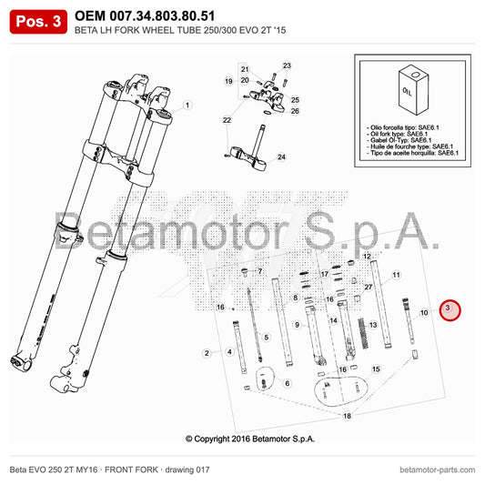 BETA LH FORK WHEEL TUBE 250/300 EVO 2T '15 – OEM 007.34.803.80.51, position 3 on the Beta EVO 250 2T MY16 front fork drawing