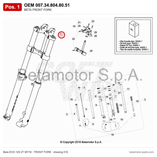 BETA FRONT FORK – OEM 007.34.804.80.51, position 1 on the Beta EVO 125 2T MY16 front fork drawing