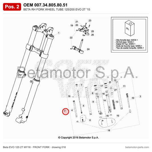 BETA RH FORK WHEEL TUBE 125/200 EVO 2T '15 – OEM 007.34.805.80.51, position 2 on the Beta EVO 125 2T MY16 front fork drawing