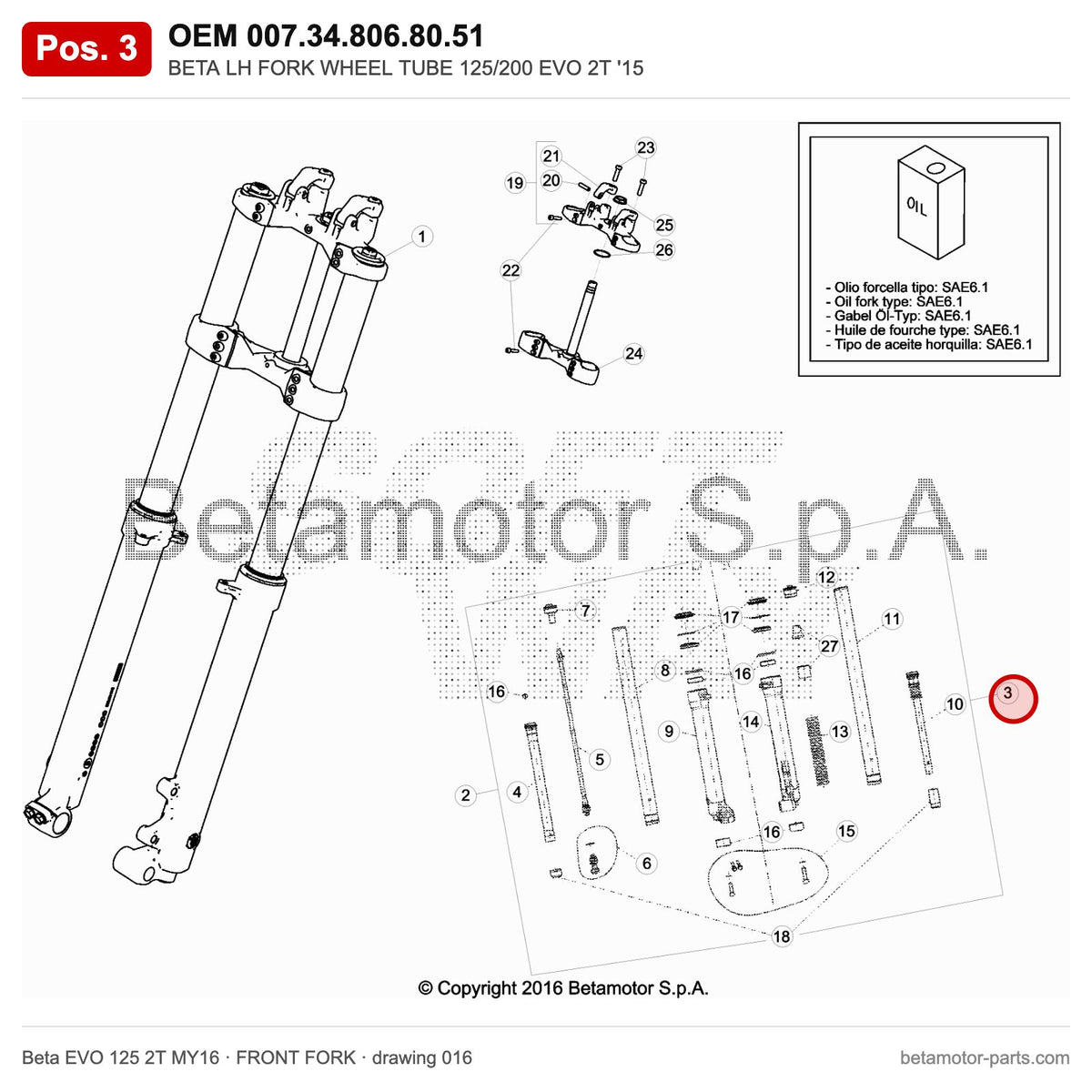BETA LH FORK WHEEL TUBE 125/200 EVO 2T '15 – OEM 007.34.806.80.51, position 3 on the Beta EVO 125 2T MY16 front fork drawing