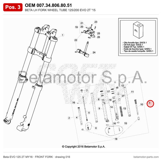 BETA LH FORK WHEEL TUBE 125/200 EVO 2T '15 – OEM 007.34.806.80.51, position 3 on the Beta EVO 125 2T MY16 front fork drawing