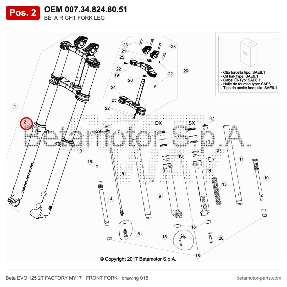 BETA RIGHT FORK LEG – OEM 007.34.824.80.51, position 2 on the Beta EVO 125 2T FACTORY MY17 front fork drawing