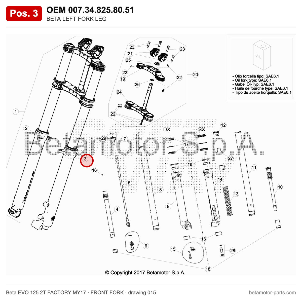 BETA LEFT FORK LEG – OEM 007.34.825.80.51, position 3 on the Beta EVO 125 2T FACTORY MY17 front fork drawing