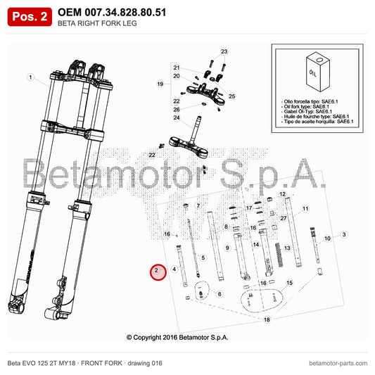 BETA RIGHT FORK LEG – OEM 007.34.828.80.51, position 2 on the Beta EVO 125 2T MY18 front fork drawing
