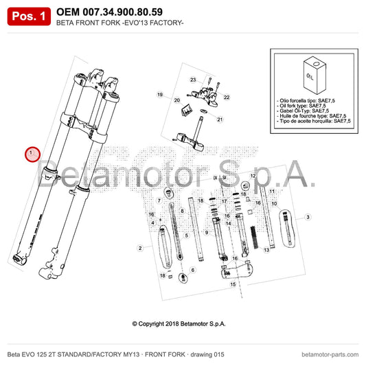BETA FRONT FORK -EVO'13 FACTORY- – OEM 007.34.900.80.59, position 1 on the Beta EVO 125 2T STANDARD/FACTORY MY13 front fork drawing