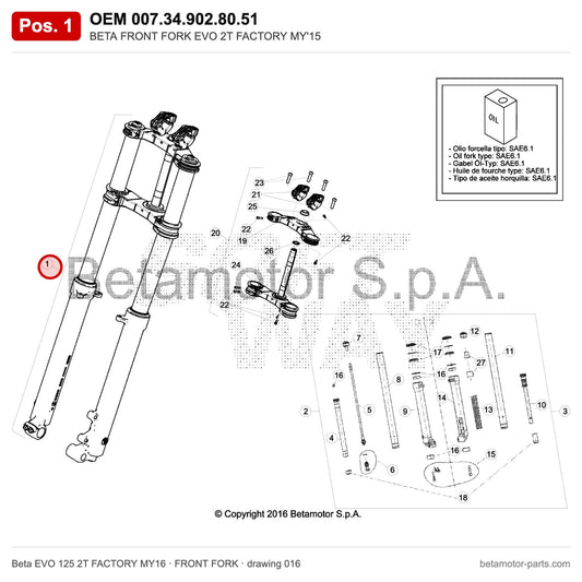 BETA FRONT FORK EVO 2T FACTORY MY'15 – OEM 007.34.902.80.51, position 1 on the Beta EVO 125 2T FACTORY MY16 front fork drawing