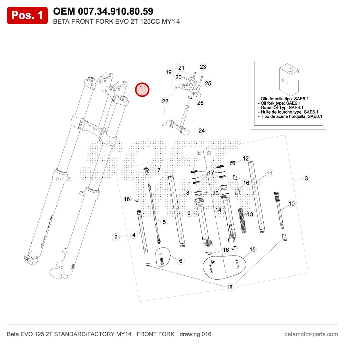 BETA FRONT FORK EVO 2T 125CC MY'14 – OEM 007.34.910.80.59, position 1 on the Beta EVO 125 2T STANDARD/FACTORY MY14 front fork drawing