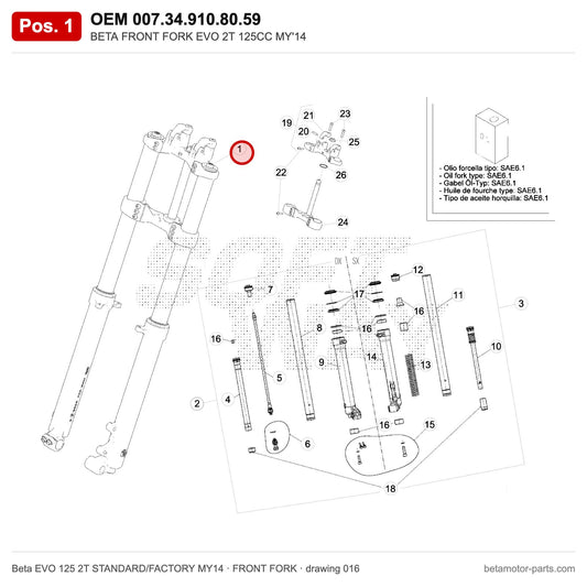 BETA FRONT FORK EVO 2T 125CC MY'14 – OEM 007.34.910.80.59, position 1 on the Beta EVO 125 2T STANDARD/FACTORY MY14 front fork drawing