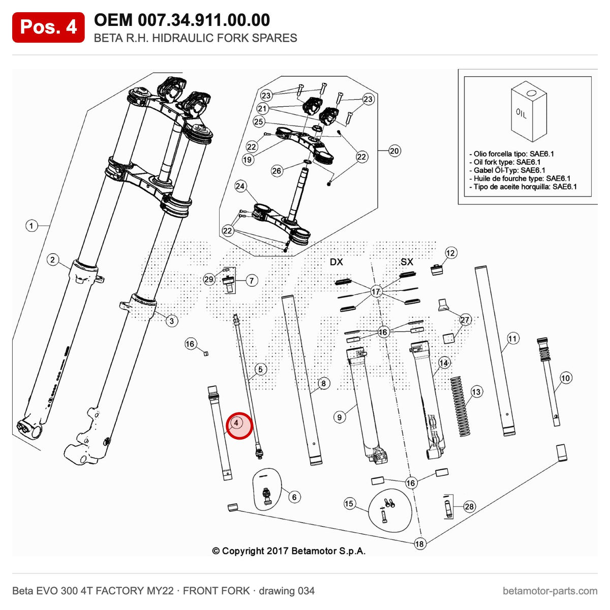 BETA R.H. HIDRAULIC FORK SPARES – OEM 007.34.911.00.00, position 4 on the Beta EVO 300 4T FACTORY MY22 front fork drawing