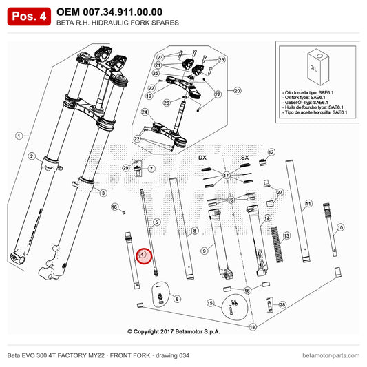 BETA R.H. HIDRAULIC FORK SPARES – OEM 007.34.911.00.00, position 4 on the Beta EVO 300 4T FACTORY MY22 front fork drawing