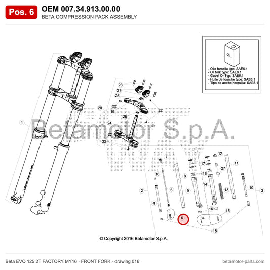 BETA COMPRESSION PACK ASSEMBLY – OEM 007.34.913.00.00, position 6 on the Beta EVO 125 2T FACTORY MY16 front fork drawing