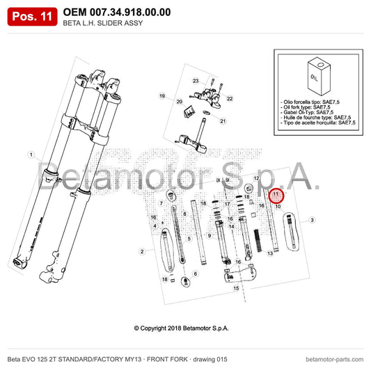BETA L.H. SLIDER ASSY – OEM 007.34.918.00.00, position 11 on the Beta EVO 125 2T STANDARD/FACTORY MY13 front fork drawing