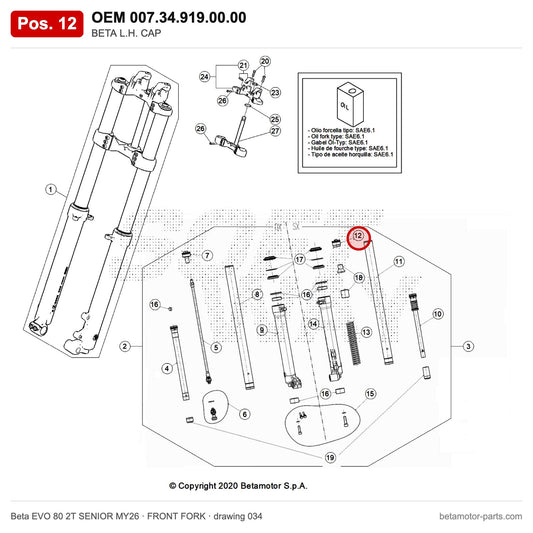 BETA L.H. CAP – OEM 007.34.919.00.00, position 12 on the Beta EVO 80 2T SENIOR MY26 front fork drawing