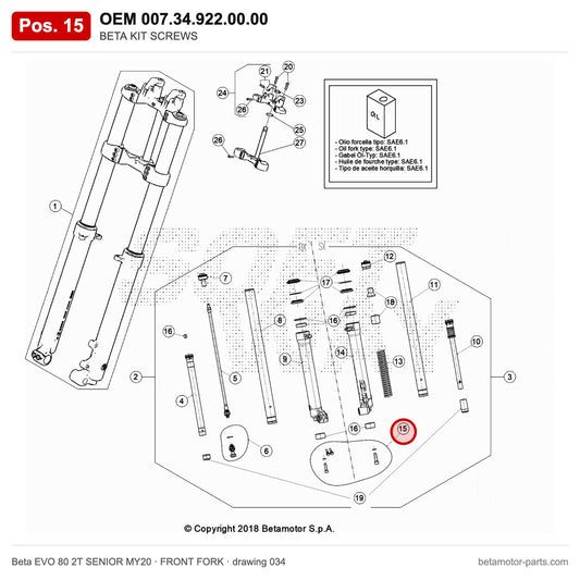 BETA KIT SCREWS – OEM 007.34.922.00.00, position 15 on the Beta EVO 80 2T SENIOR MY20 front fork drawing